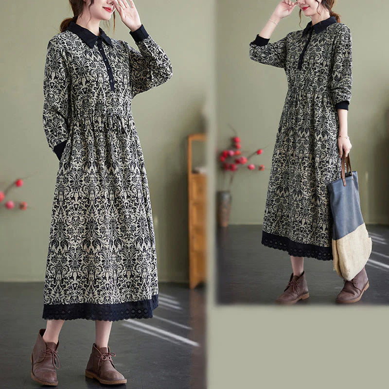 Buddha Stones Ethnic Printed Drawstring Long Sleeve Cotton Midi Dress With Pockets