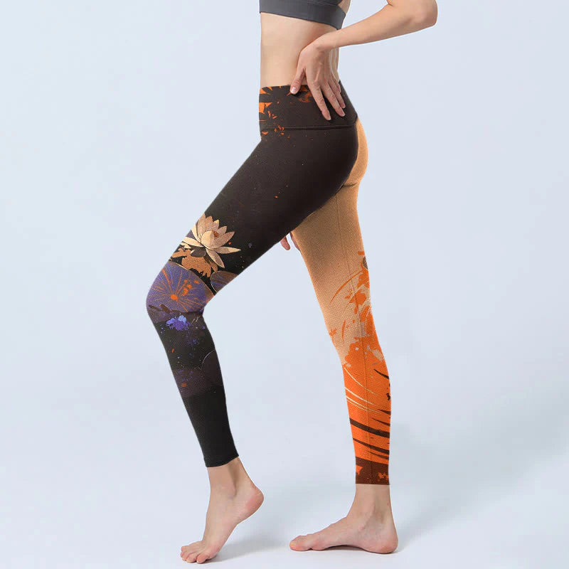 Buddha Stones Lotus Flowers Leaves Water Ripples Pattern Print Gym Leggings Women's Yoga Pants
