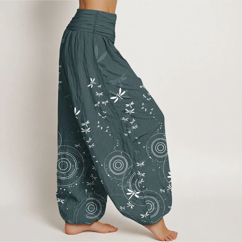 Buddha Stones Pure Cotton Circular Lines Dragonfly Women's Elastic Waist Harem Pants