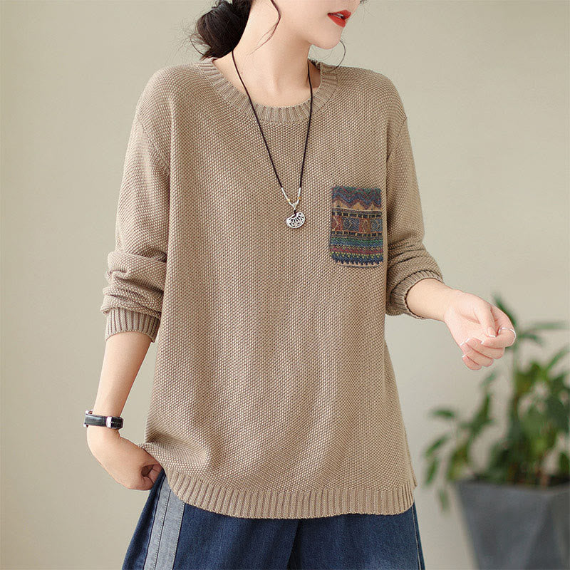 Buddha Stones Fall Floral Decorative Pocket Pattern Knitted Cotton Women's Long Sleeve Sweater