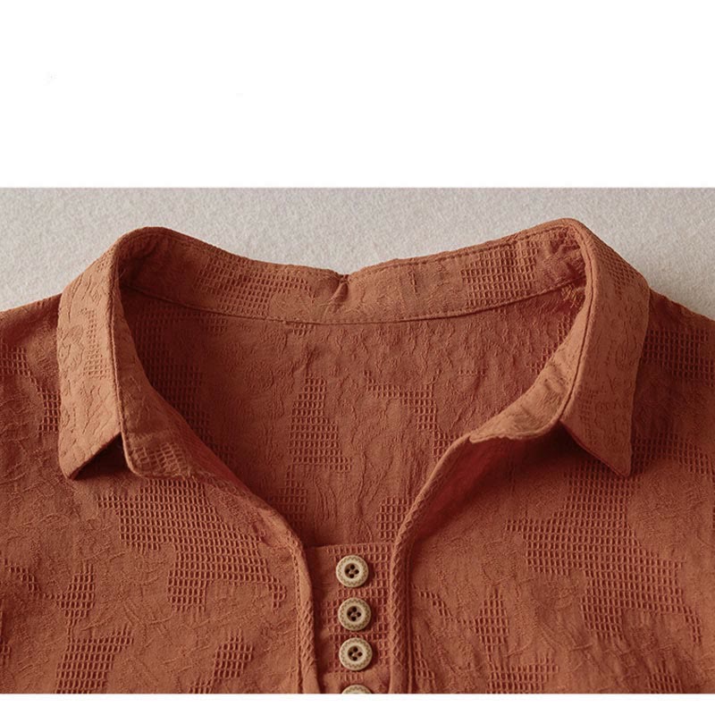 Buddha Stones Casual Floral Pattern Lapel Women's Cotton T-shirt