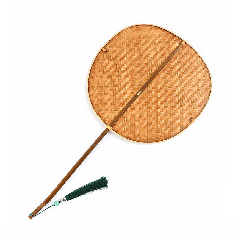 Buddha Stones Chinese Style Handmade Bamboo Woven Oval Round Banana Conical Shape Long Handle Fan