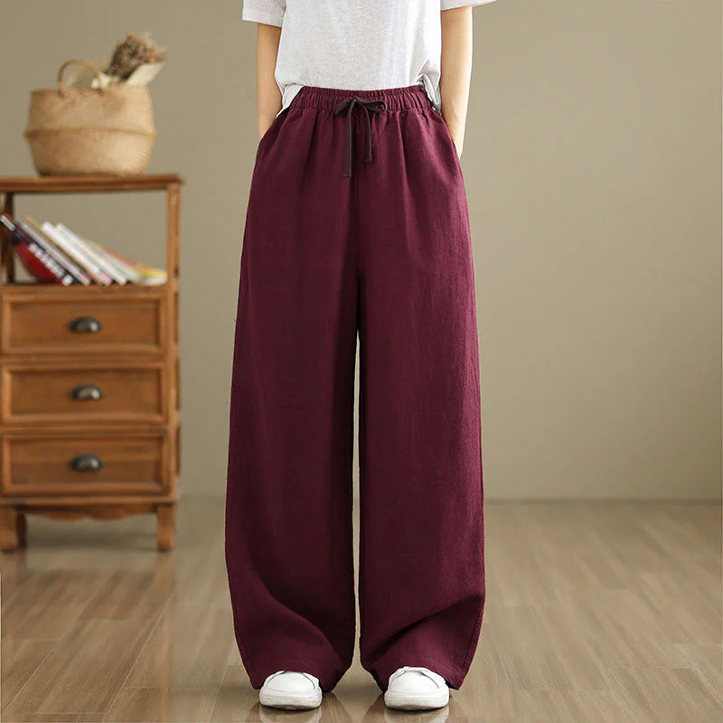 Buddha Stones Commute Retro Solid Color Women's Harem Drawstring Cotton Pants With Pockets