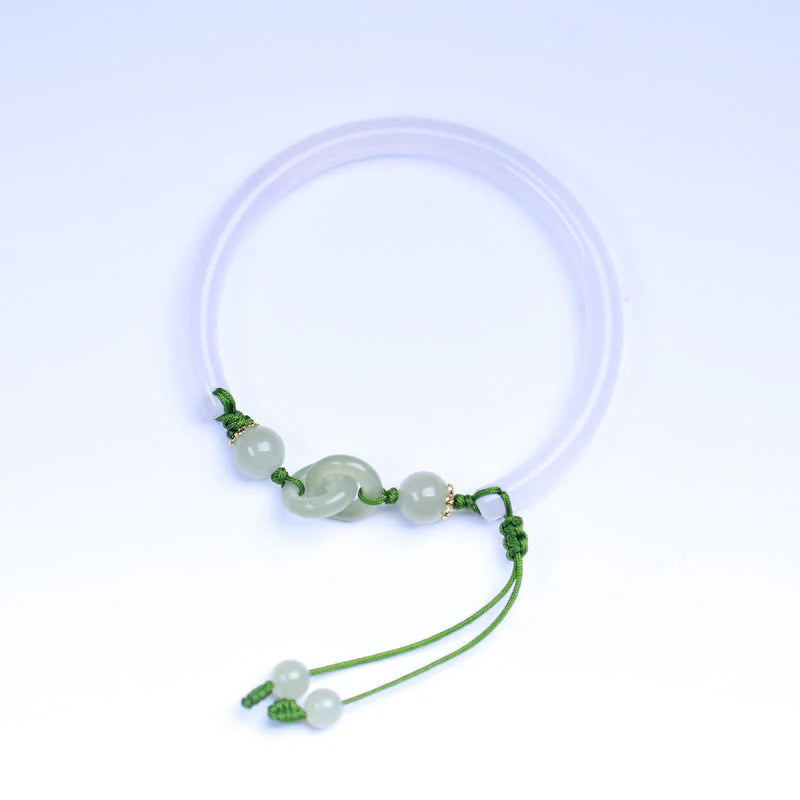 Buddha Stones Natural White Agate Hetian Jade Beads Interlocking Positive Bracelet Bangle