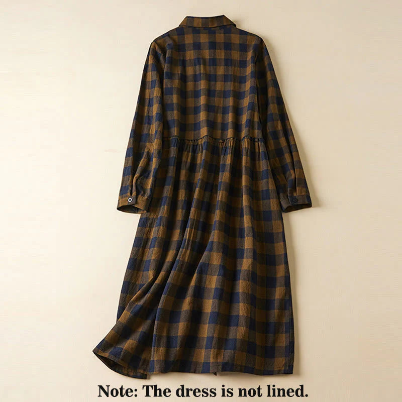 Buddha Stones Contrast Color Plaid Buttons Design Long Sleeve Midi Dress With Pockets