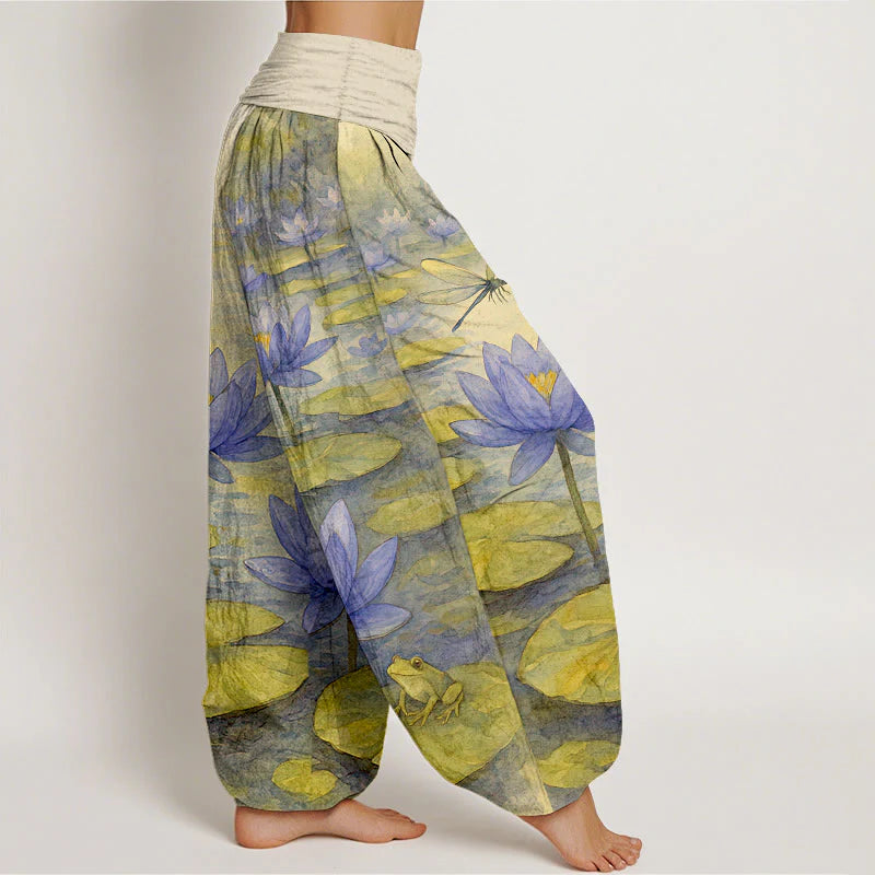 Buddha Stones Pure Cotton Fresh Elegant Lotus Flower Leaf Dragonfly Frog Pattern Women's Elastic Waist Harem Pants