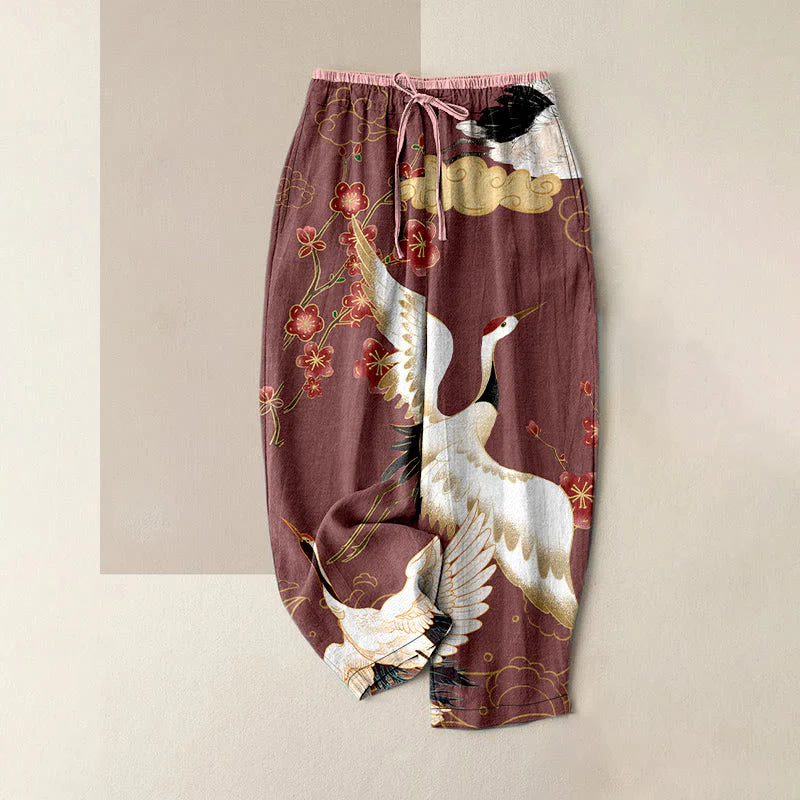 Buddha Stones Cotton Casual Cranes Flowers Auspicious Clouds Pattern Women's Elastic Waist Pants With Pockets