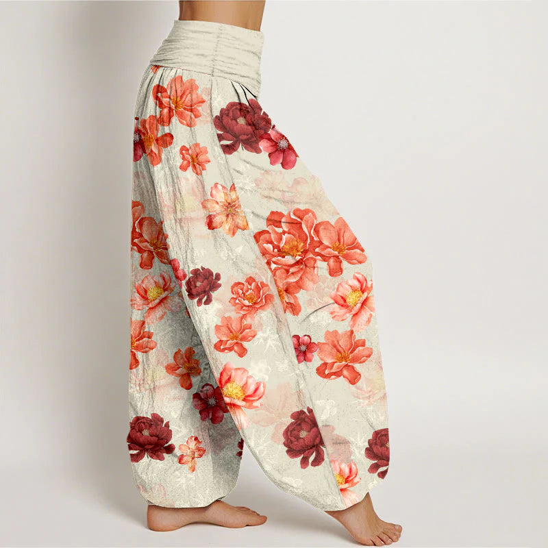 Buddha Stones Cotton Intensely Colored Flower Pattern Women's Elastic Waist Harem Pants