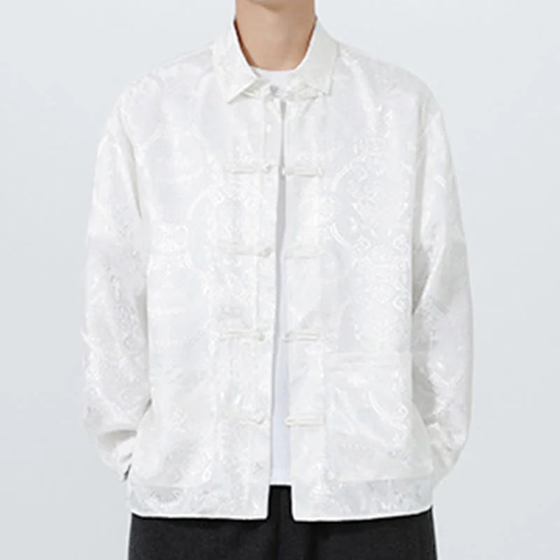 Buddha Stones Spring Jacquard Lapel Long Sleeve Men's Tang Suit Frog-Button Jacket With Pockets