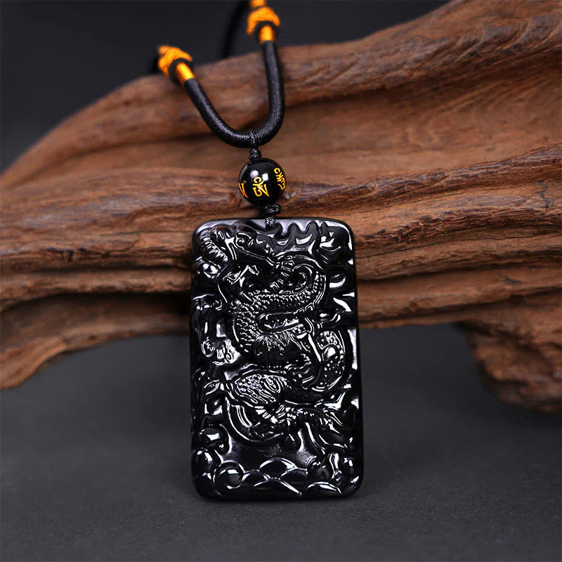 Buddha Stones Natural Black Obsidian Rectangular Dragon Engraved Success Necklace Pendant