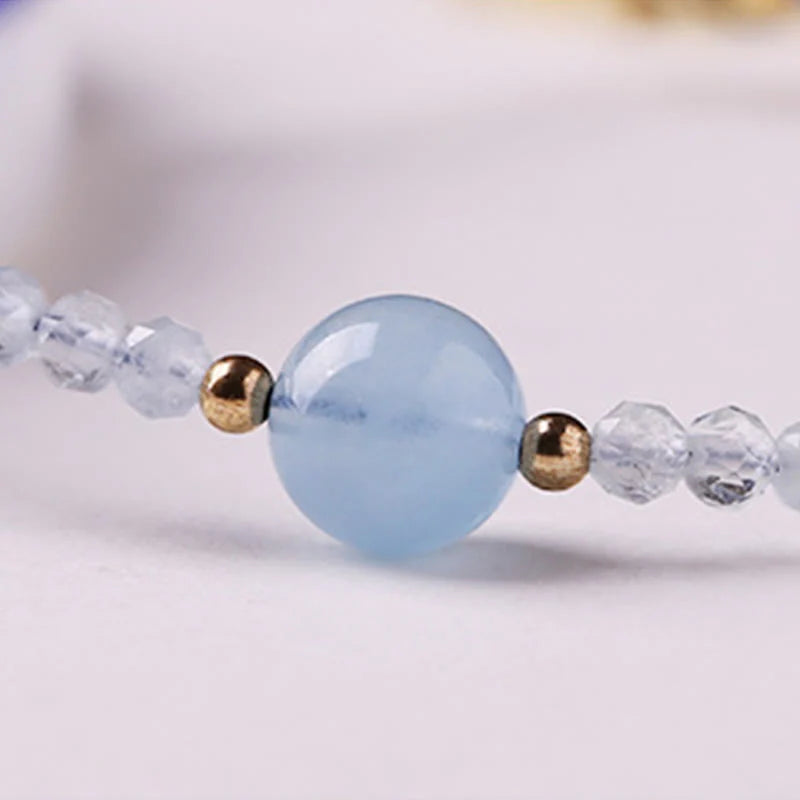 Buddha Stones Natural Aquamarine Ultra-Fine 2mm Faceted Bead Peace Bracelet