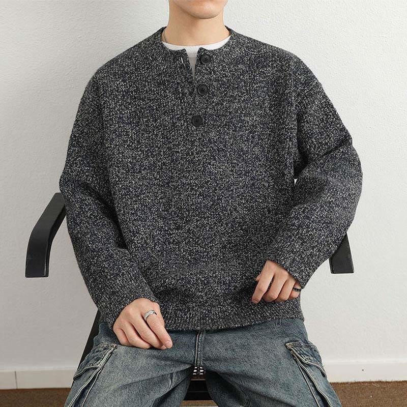 Buddha Stones Winter V-Neck Buttons Ribbed Design Warm Men's Long Sleeve Knitted Sweater