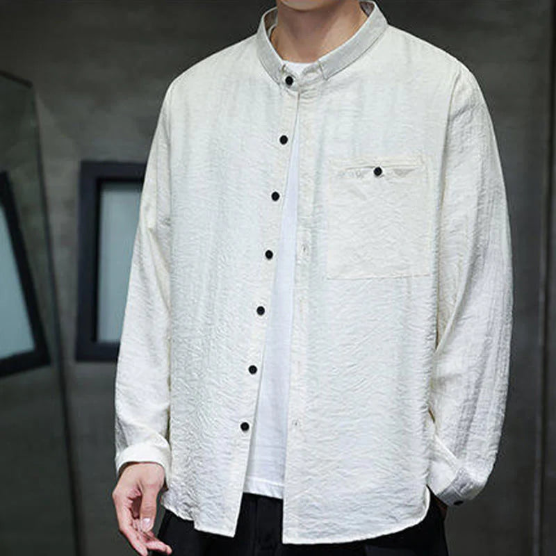 Buddha Stones Spring Men's Solid Color Buttons Design Long Sleeve Shirt