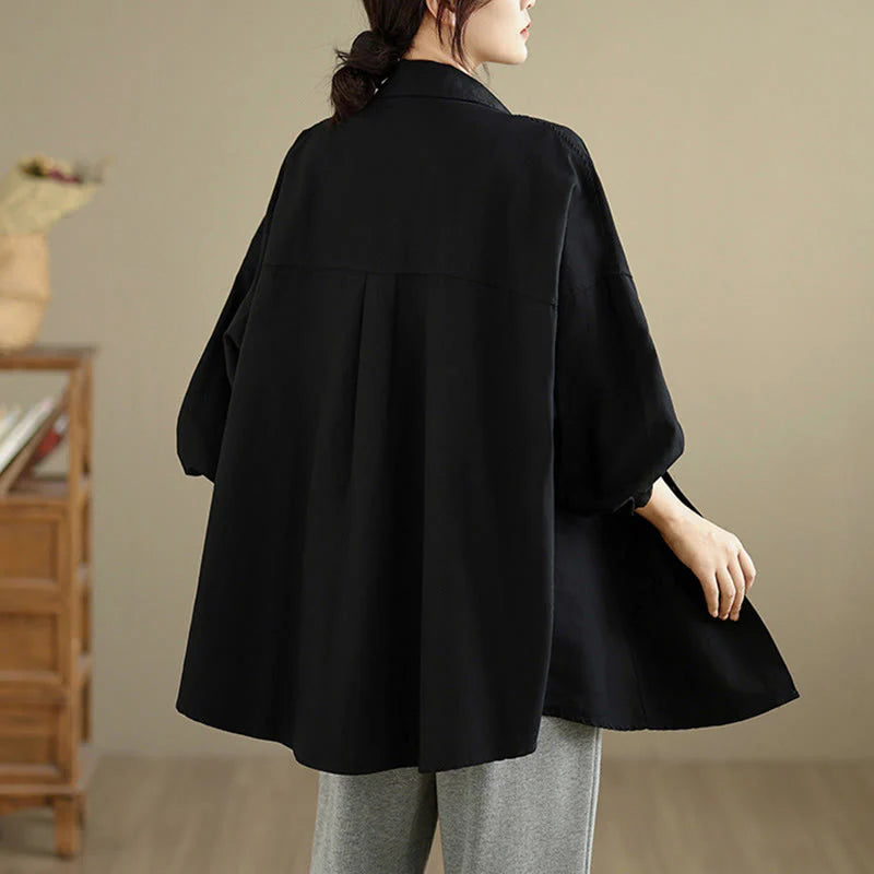 Buddha Stones Fall Pure Color Lapel Button Simple Design Women's Cotton Long Sleeve Jacket
