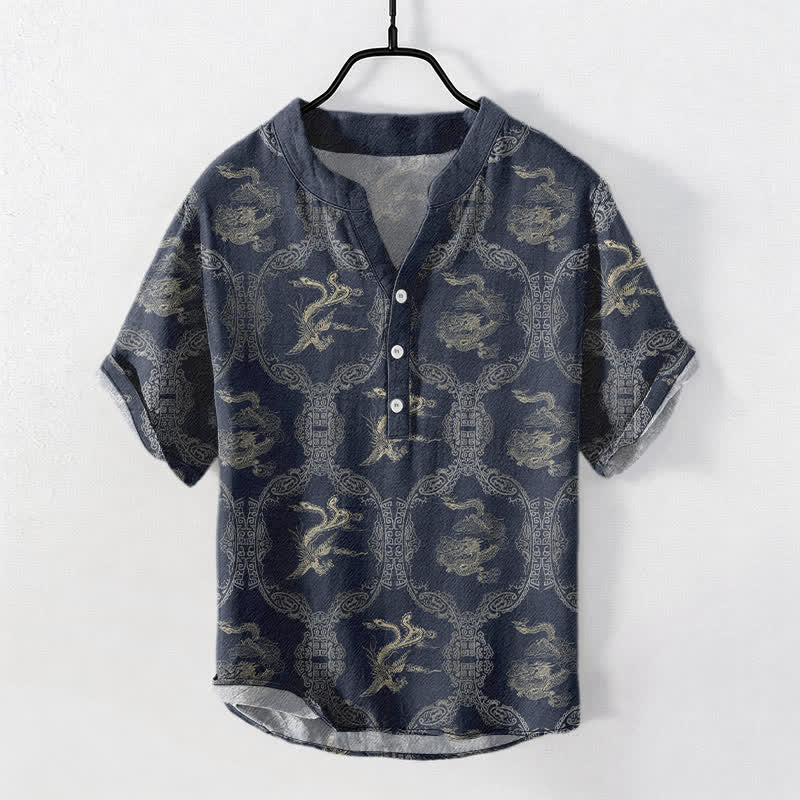 Buddha Stones Cotton Dragon Phoenix Emblem Men's Short Sleeve Half Button Shirt