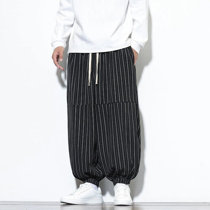 Buddha Stones Fall Striped Pattern Drawstring Men's Harem Corduroy Pants With Pockets