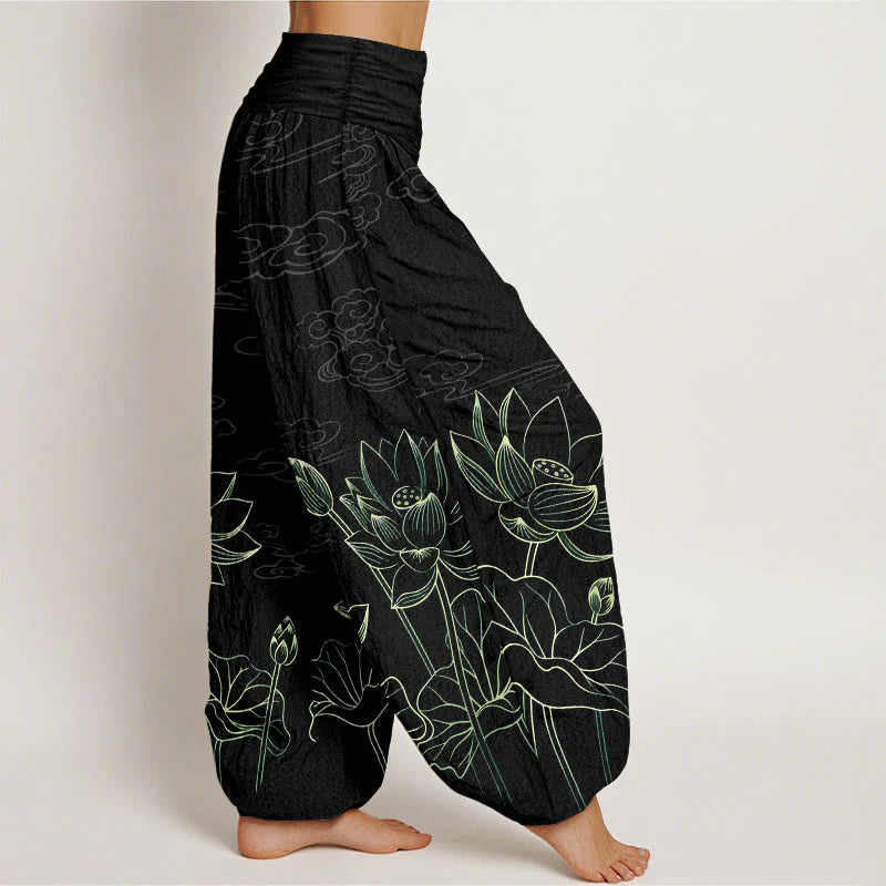Buddha Stones Pure Cotton Concise Lotus Flower Leaf Pod Bud Cloud Pattern Women's Elastic Waist Harem Pants
