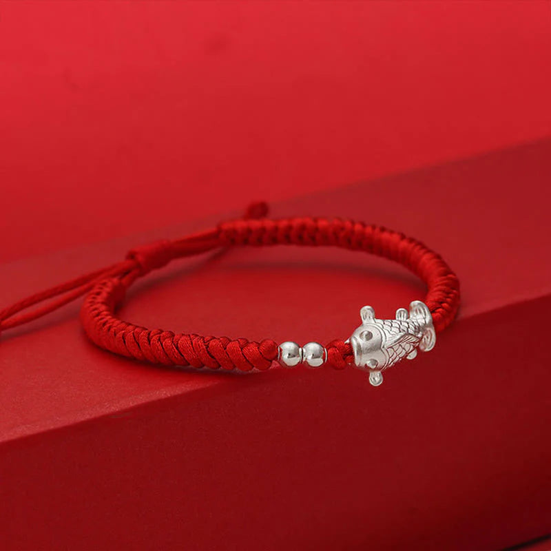 Buddha Stones 999 Sterling Silver Koi Fish Design 990 Sterling Silver Bead Red String Luck Bracelet