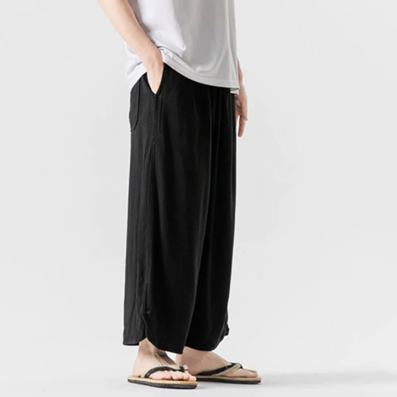 Buddha Stones Summer Plain Drawstring Design Linen Cotton Men's 7-8 Length Pants With Pockets