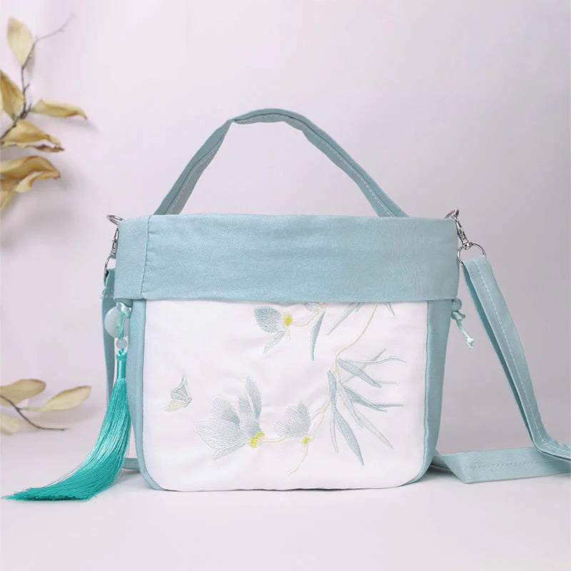 Buddha Stones Suzhou Embroidery Lotus Epiphyllum Magnolia Cotton Linen Tote Crossbody Bag Shoulder Bag Handbag