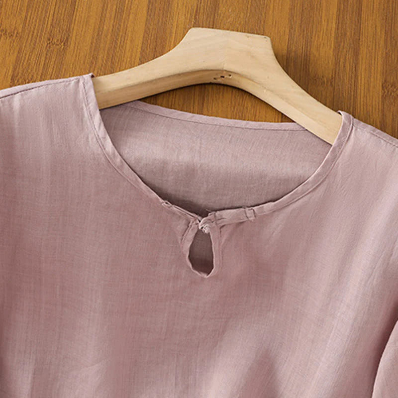 Buddha Stones Casual Floral Embroidery Crew Neck Women's Frog-Button Polyester Half Sleeve Shirt