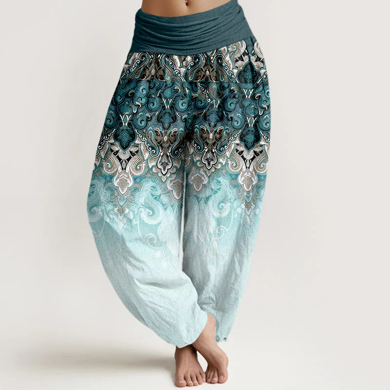 Buddha Stones Paisley Floral Gradient Design Women's Pure Cotton Elastic Waist Harem Pants
