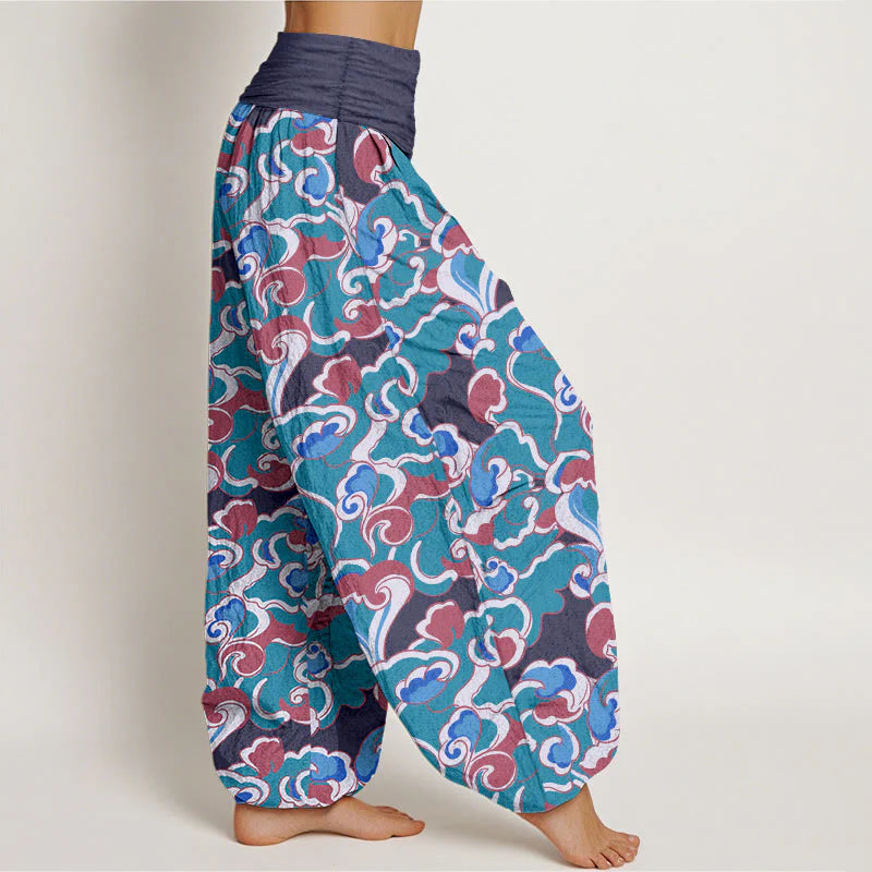 Buddha Stones Pure Cotton Small Clouds Gathered Women's Elastic Waist Harem Pants