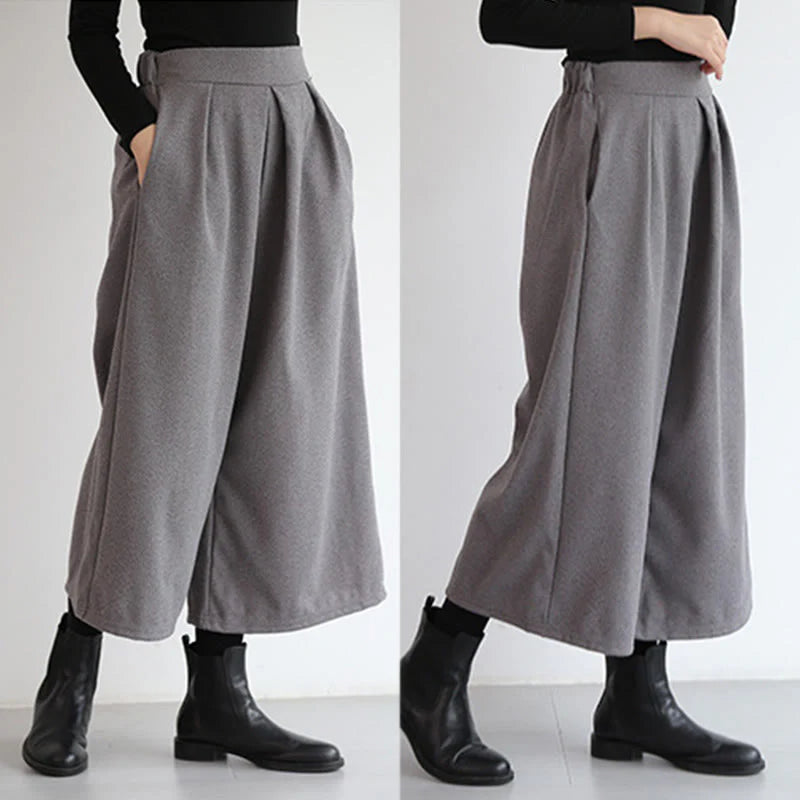 Buddha Stones Plain Elastic Waistband Design Women's 7-8 Length Wide Leg Pants With Pockets