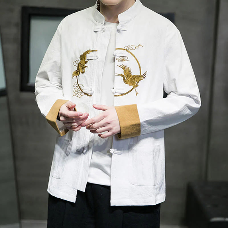 Buddha Stones Embroidery Cranes Pattern Frog-Button Men's Cotton Long Sleeve Jacket With Pockets