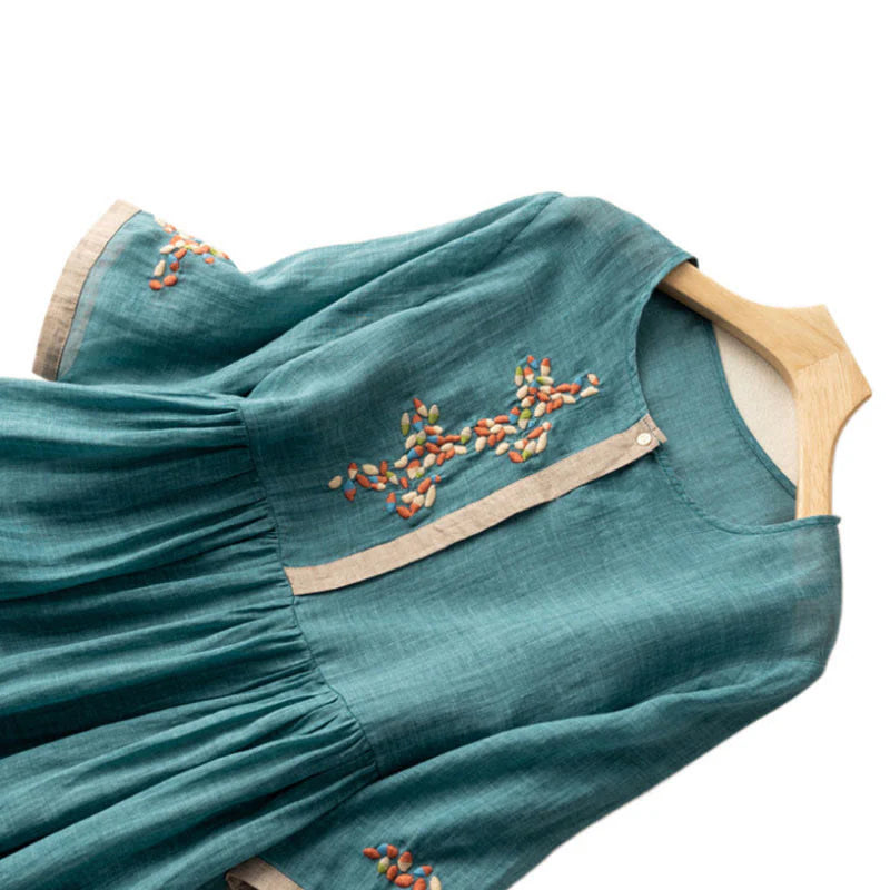 Buddha Stones Spring Ethnic Embroidery Half Sleeve Cotton Linen Women's Midi Dress