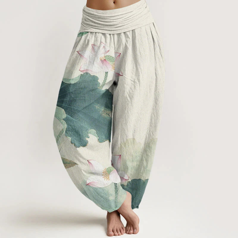 Buddha Stones Cotton Casual Lotus Petal Pods Pattern Women's Elastic Waist Harem Pants