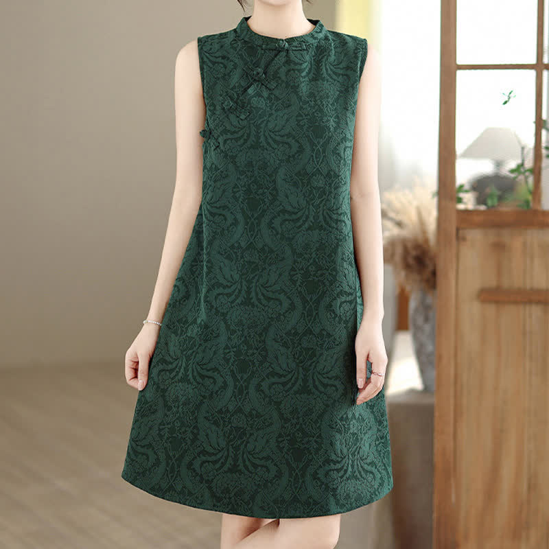 Buddha Stones Mandarin Collar Frog-button Jacquard Pattern Sleeveless Cotton Mini Dress With Pockets