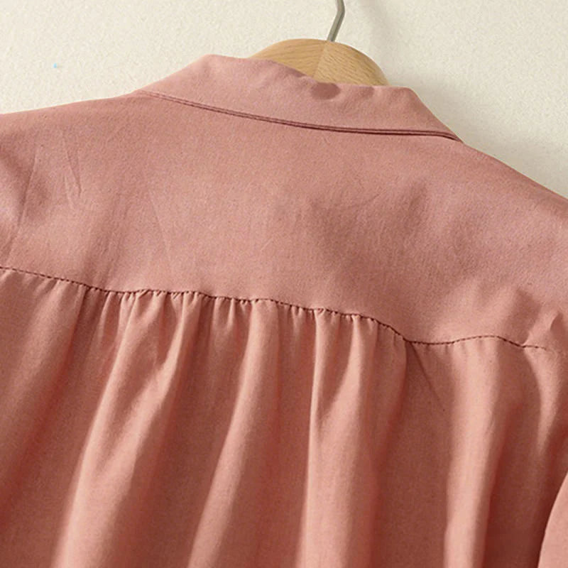 Buddha Stones Fall Solid Color Lapel Buttons Long Sleeve Cotton Midi Dress With Pockets