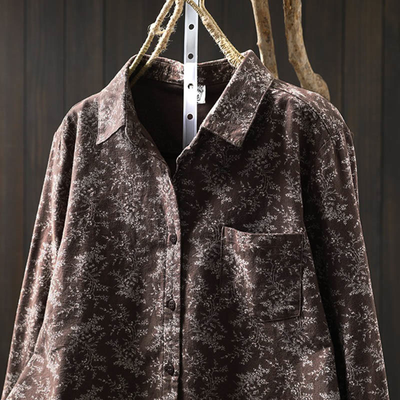 Buddha Stones Fall Floral Print Design Buttons Women's Cotton Long Sleeve Shirt