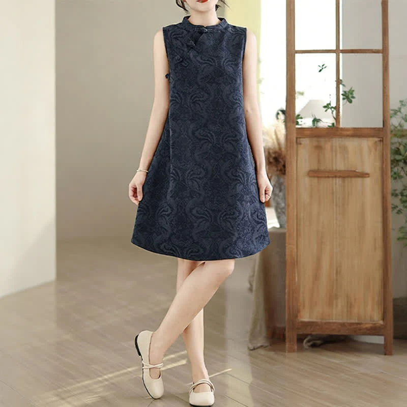 Buddha Stones Mandarin Collar Frog-button Jacquard Pattern Sleeveless Cotton Mini Dress With Pockets