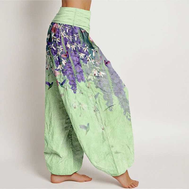 Buddha Stones Pure Cotton Orchid Birds Pattern Women's Elastic Waist Harem Pants