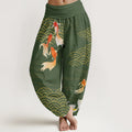 Buddha Stones Pure Cotton Red Koi Fish Fan-shaped Waves Women's Elastic Waist Harem Pants