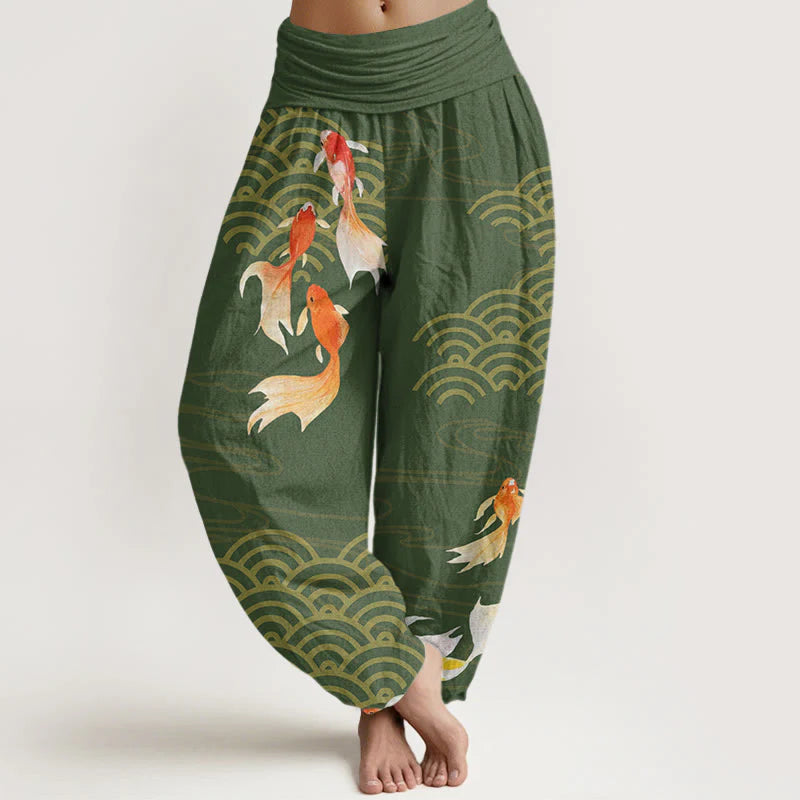 Buddha Stones Pure Cotton Red Koi Fish Fan-shaped Waves Women's Elastic Waist Harem Pants