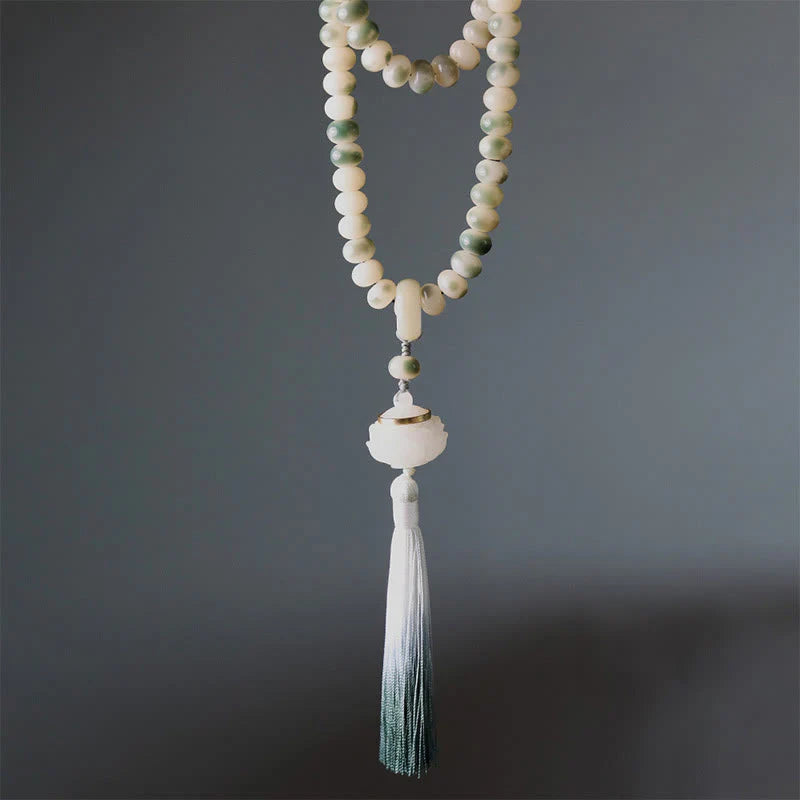 Buddha Stones Natural 108 Mala Beads Bodhi Seed Lotus Engraved Wisdom Tassel Bracelet