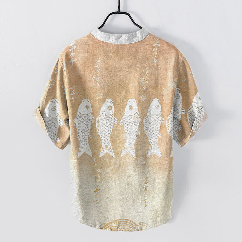 Buddha Stones Cotton Koi Fish Emblem Men's Short Sleeve Half Button Shirt