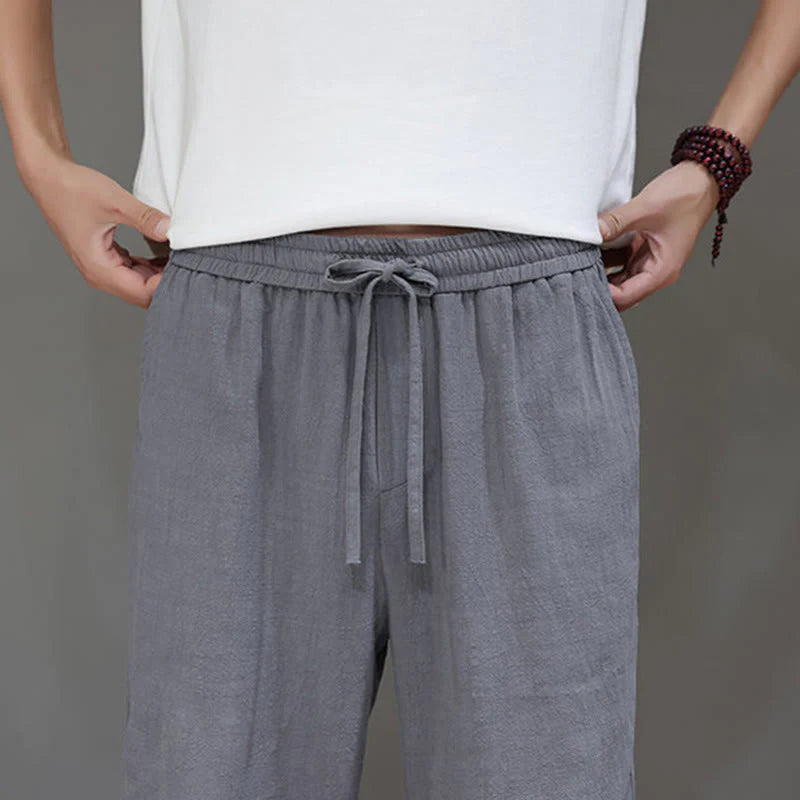 Buddha Stones Summer Men's Cotton Linen Straight Leg Pants With Pockets