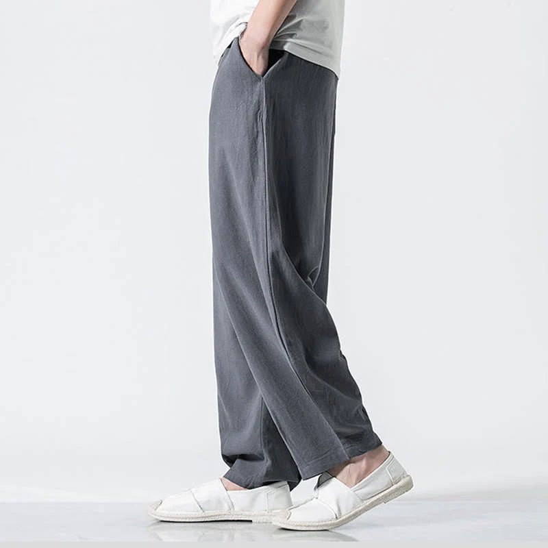 Buddha Stones Drawstring Elastic Waist Ankle-Length Men's Cotton Pants With Pockets