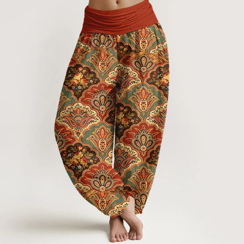Buddha Stones Cotton Repetitive Fan Shape Flowers Leaves Pattern Women's Elastic Waist Harem Pants