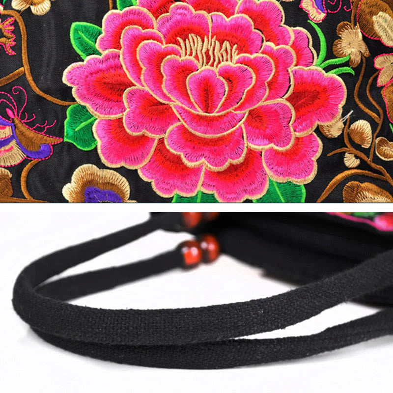Buddha Stones Money Tree Peony Phoenix Apple Blossom Double-Sided Embroidery Cotton Canvas Shopping Purse Handbag