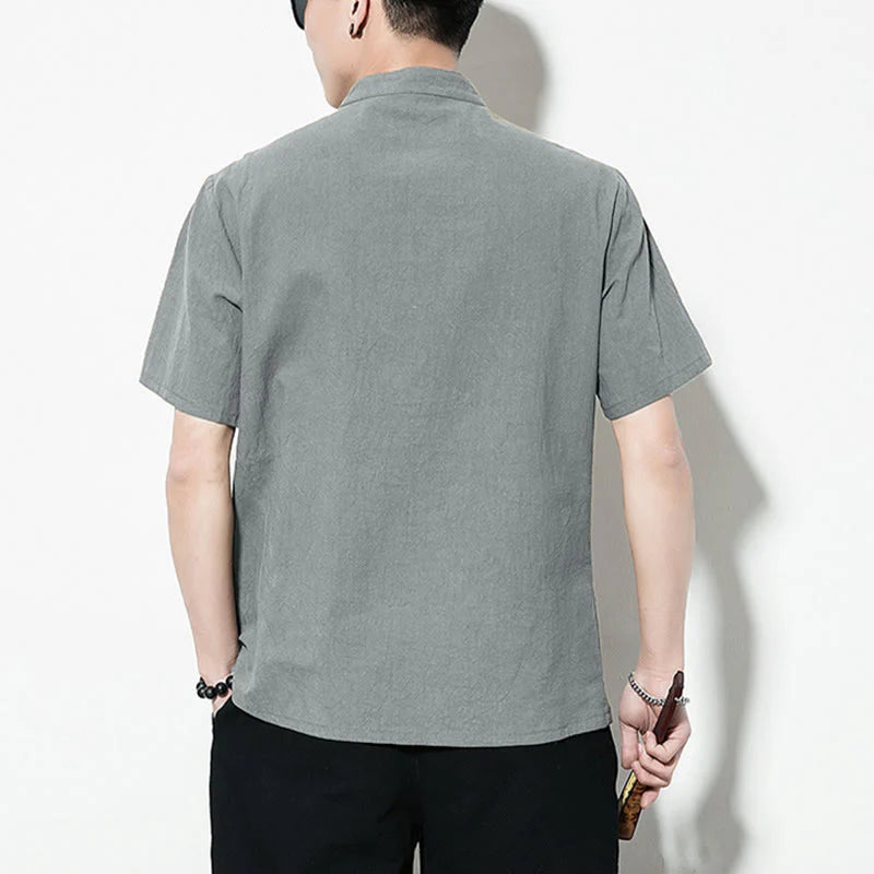 Buddha Stones Casual Solid Color Front Frog Buttons Chinese Tang Suit Short Sleeve Linen Men's Shirt