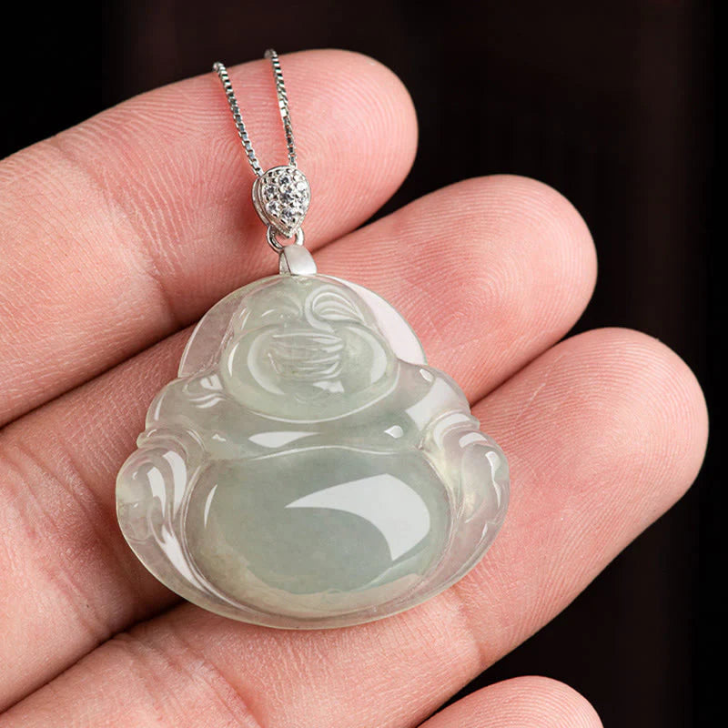 Buddha Stones Natural Jade Laughing Buddha Prosperity Abundance Titanium Steel Chain Necklace Pendant