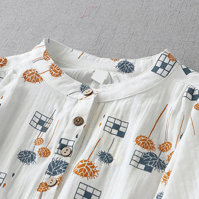 Buddha Stones Printed Half Button DesignThree Quarter Gathered Sleeve Women's Cotton Shirt
