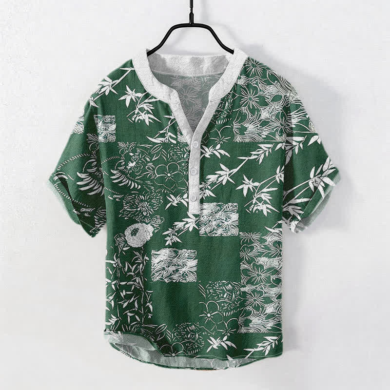 Buddha Stones Cotton Bamboo Plum Emblem Men's Short Sleeve Half Button Shirt