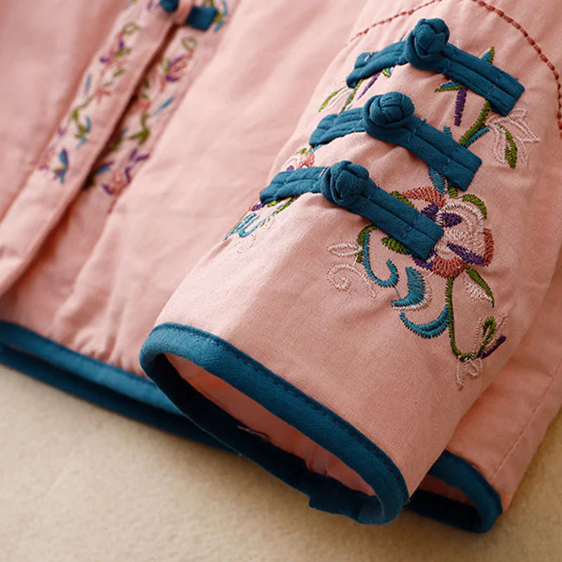 Buddha Stones Winter Flower Embroidery Frog-Button Long Sleeve Women's Thermal Jacket