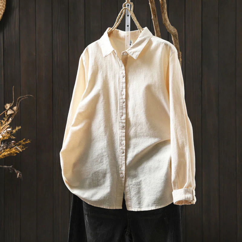 Buddha Stones Fall Solid Color Button Down Stand Collar Long Sleeve Women's Cotton Shirt